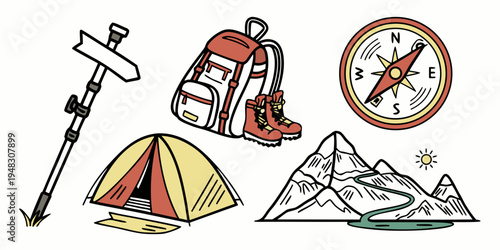 hiking and camping gear for outdoor adventures Vector