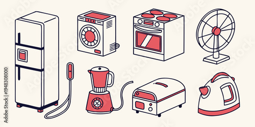 a collection of household appliances with red accents Vector