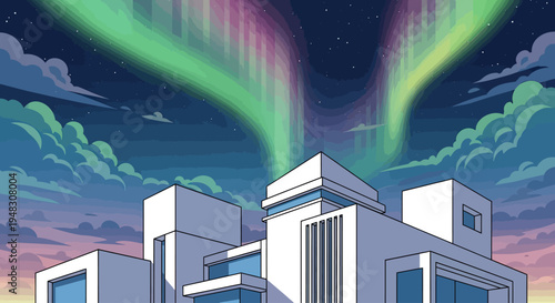 Modern architecture under a vibrant aurora borealis with starry sky