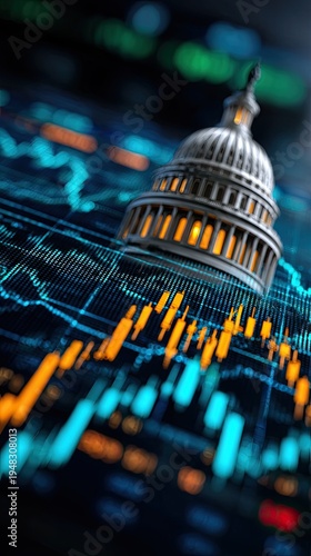Government building on financial chart background