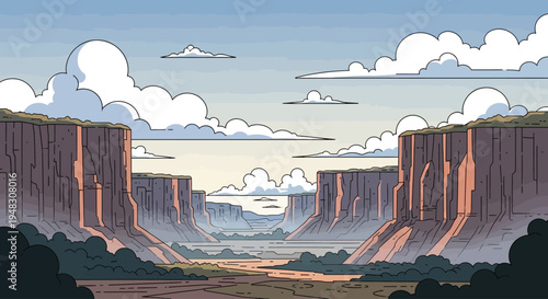 Vast canyon with towering cliffs under a cloudy sky