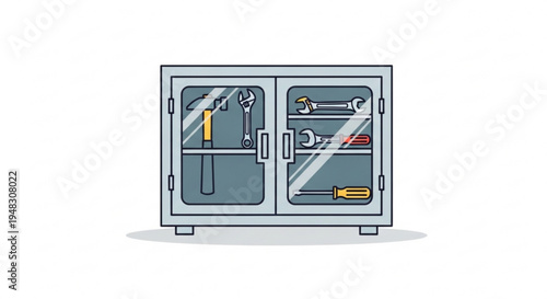 Gray metal tool cabinet with various tools inside open doors showing organized storage