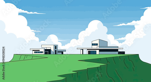 Two modern homes perched on green cliff edges under a bright blue sky