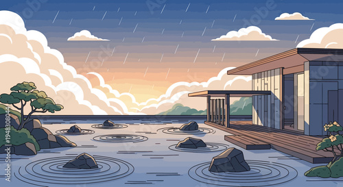 A tranquil rain falls on a serene modern zen garden at sunset