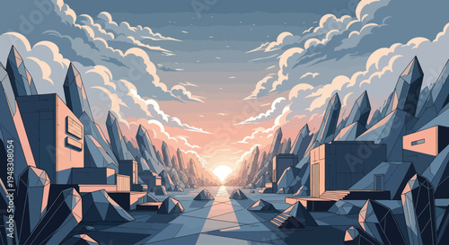 Geometric landscape with crystal formations, structures, and pastel sunset clouds