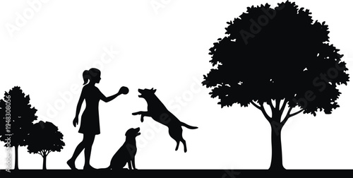 Black silhouette of woman playing with dogs in park, girl throwing ball for pets under trees, outdoor activity and domestic animal training vector.