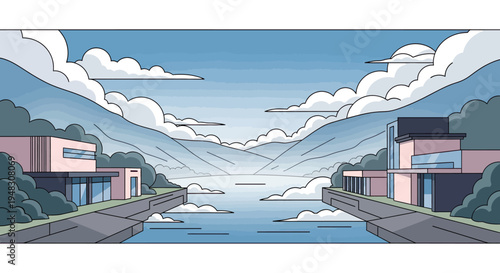Modern homes flank a tranquil blue lake surrounded by distant mountains and fluffy white clouds