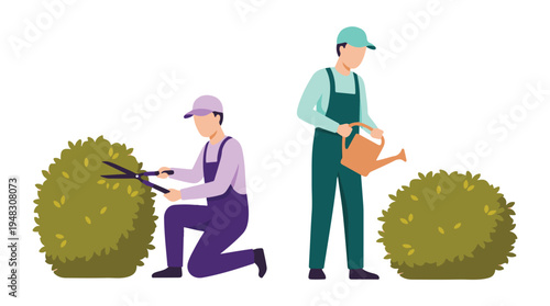 Professional gardeners pruning and watering shrubs in a minimalist garden