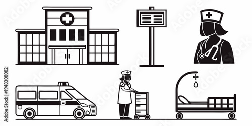hospital building with ambulance and medical staff Vector