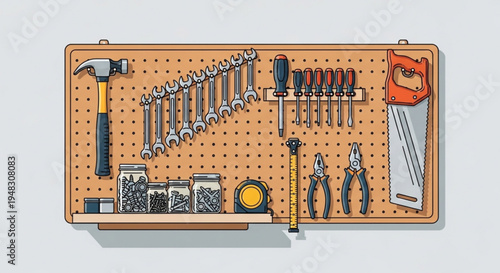 Variety of tools organized on a wooden pegboard with hammer wrenches screwdrivers pliers and other equipment for diy projects and home repairs