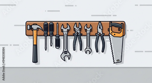 Variety of hand tools hanging on a brown tool belt against a white background for diy and repair concepts
