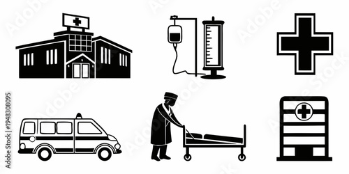 medical building with ambulance and healthcare symbols Vector