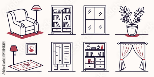 a collection of furniture and home decor items Vector