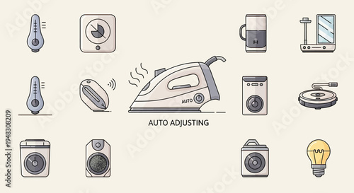Various household appliances including an iron, thermometer, kettle, and scale