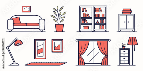a collection of furniture and home decor items Vector