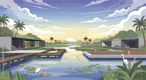 Modern bungalows border a tranquil lagoon with wildlife at sunset