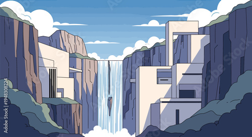 Abstract landscape with modern architecture and waterfall