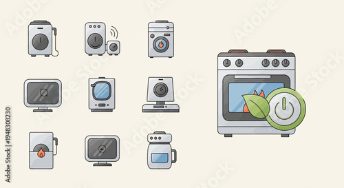 Collection of stylized icons featuring kitchen appliances, electronics, and eco-friendly symbols
