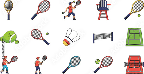 Tennis Sports Icon Set Featuring Rackets, Balls, Court, and Players for Sports, Fitness, and Athletic Design