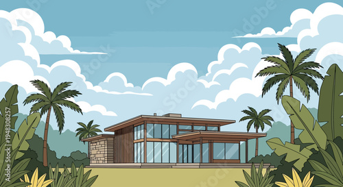 Modern villa with glass walls surrounded by lush tropical foliage