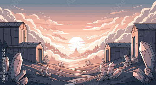 Serene landscape with crystalline formations and ethereal sunset