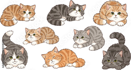 Cute Kitten Illustration Set with Various Playful Poses and Colorful Fur for Pet Lovers and Animal Designs
