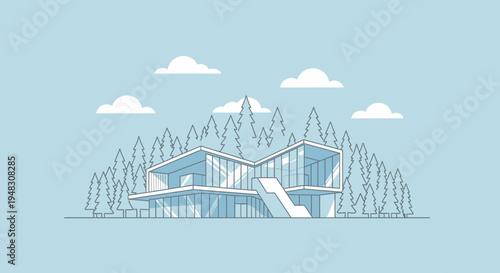 Modern geometric house with glass facade surrounded by pine trees under blue sky
