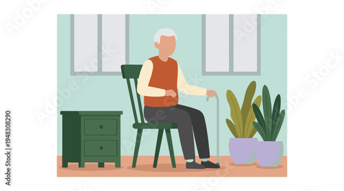 Elderly man sitting on a chair with a walking stick indoors