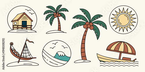 a collection of beach icons including a house sun palm tree and boat Vector