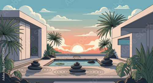 Serene modern courtyard with a small pool, zen garden, and sunset