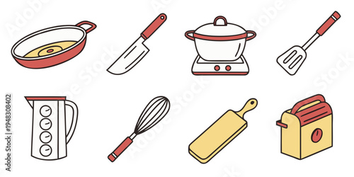 a set of kitchen utensils and cookware Vector