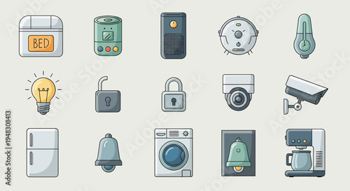 A collection of illustrated smart home devices and household appliances