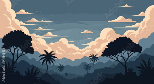 Silhouette landscape with tropical trees and clouds at dusk