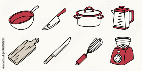 a collection of kitchen utensils and appliances Vector