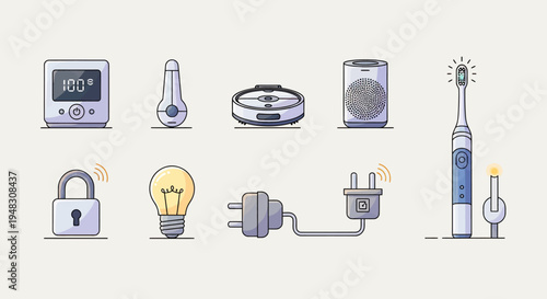 Icons of smart devices timer, thermometer, robot vacuum, speaker, toothbrush, lock, bulb, plug, socket