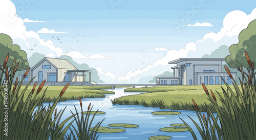 A serene landscape featuring modern houses on a riverbank, with reeds
