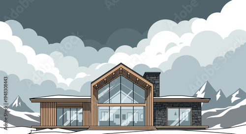 Modern wooden and stone mountain house with large windows and snowy peaks