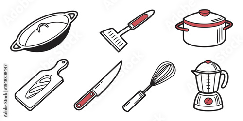 kitchen utensils and tools for cooking and preparing food Vector