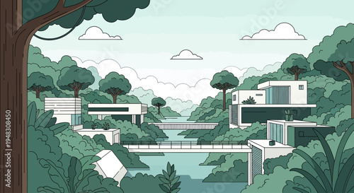 Modern homes nestled in lush green forest with serene water