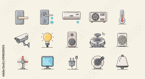 Flat icons of smart home devices including security, climate, and entertainment