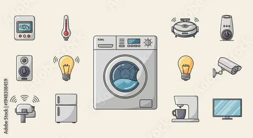 Assortment of smart home devices and appliances illustrated