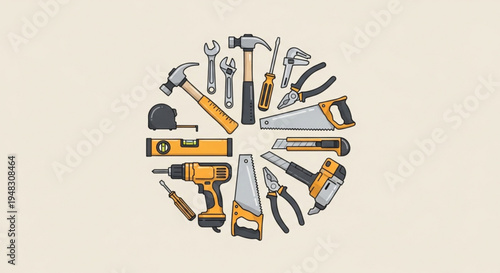 Collection of various construction tools arranged in a circle on beige background for diy projects and home repair