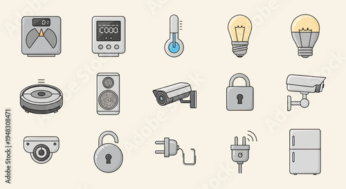 A collection of smart home devices, including security cameras, lights, and appliances