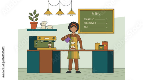 Barista brewing pour-over coffee in a contemporary coffee shop