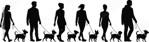 Silhouettes of diverse people walking small dogs on leash in line, pet owners enjoying daily walk