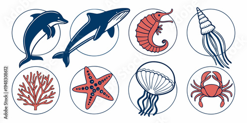 marine life icons featuring various sea creatures Vector