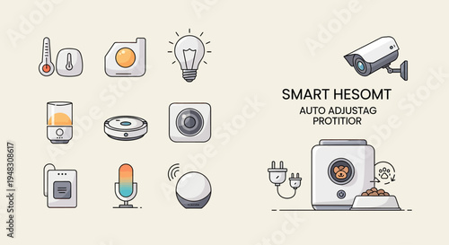 Smart home devices thermometer, light bulb, security camera, robot vacuum, feeder