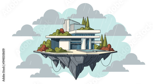Modern floating island house during a rain shower, surrounded by clouds