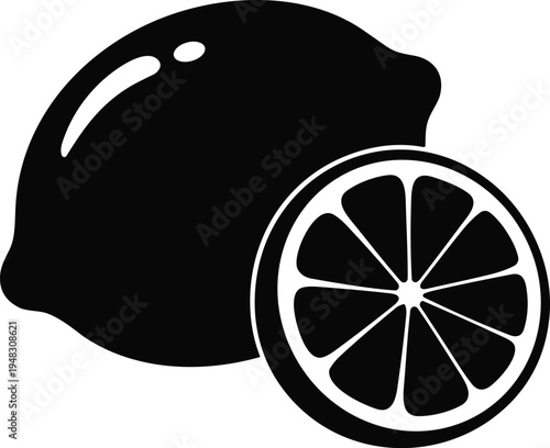 Lemon silhouettes with whole fruit and slice, citrus illustration, fresh food concept, vitamin C nutrition, culinary design, healthy lifestyle theme