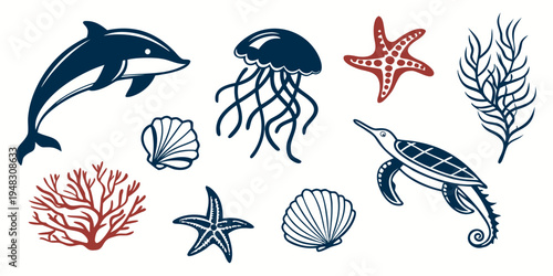 marine life icons including dolphins and sea stars Vector